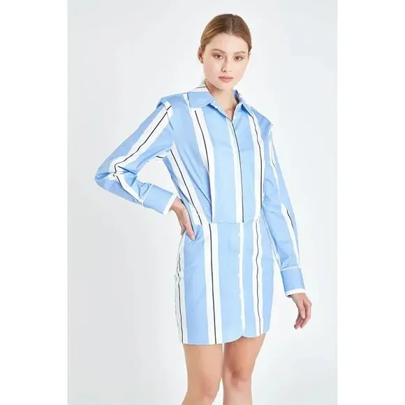 Grey Lab Stripe Power Shoulder Mini Shirtdress Powder Blue/ White Womens M NWT - Picture 2 of 11